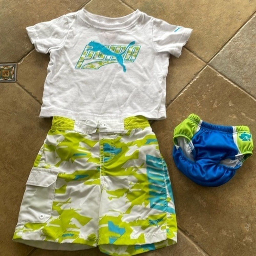 Puma swim board shorts mating tshirt & swim ways reusable swim diaper 12 months